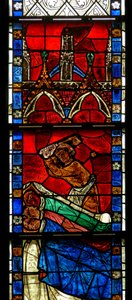 Fenster w15, das eine Szene aus einer Legende von St. Nikolaus darstellt: Das Wunder der 3 Jungen: Ein Metzger tötet drei Jungen von French School