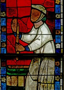 Fenster w15, das eine Szene aus einer Legende von St. Nikolaus darstellt: Das Wunder der 3 Jungen: Ein Metzger tötet drei Jungen