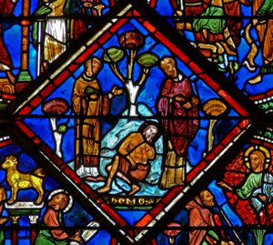 Fenster w15 zeigt eine Szene im Fenster des barmherzigen Samariters: der Pilger wird von einem Priester und einem Levi ignoriert von French School