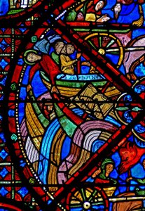 Fenster w15 Darstellung der Geschichte der Reliquien des Heiligen Stephanus: Trotz der Bemühungen der Dämonen überlebt das Schiff mit den Reliquien die Reise - andere Schiffe sinken von French School