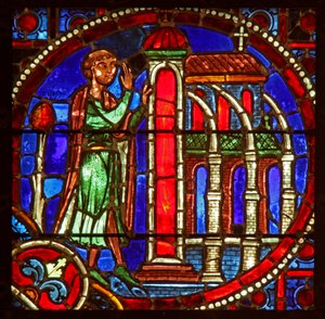 Fenster w1, Szene aus der Theophilus-Geschichte: Er betritt eine Kirche, um zu bereuen
