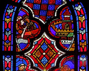 Fenster w1 zeigt eine Szene aus dem Leben der hl. Maria Magdalena - die Heilige reist nach Marseille von French School