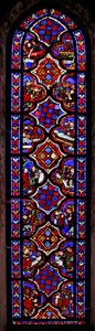 Fenster w1 zeigt eine Szene aus dem Leben der hl. Maria Magdalena mit Szenen aus der Geschichte von Maria und Martha
