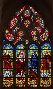 Fenster w200, St. Stephanus, Christus der Auferstehung, die Jungfrau Maria und einen Diakonheiligen darstellend von French School