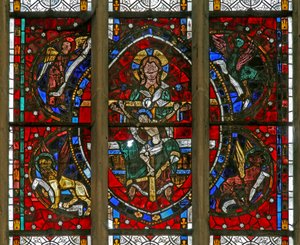 Fenster w200, Darstellung der Dreifaltigkeit umgeben von den Symbolen der Evangelisten