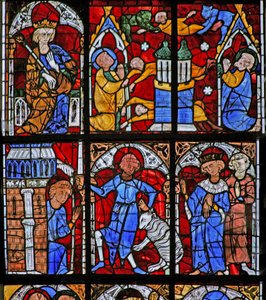Fenster w221 mit einer Szene aus dem Leben des Heiligen Petrus: Simon Magus versucht zu fliegen; verwandelt sich in ein Schaf