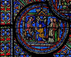Fenster w23, Darstellung des Heiligen Thomas Becket, der eine Nachricht vom König erhält von French School