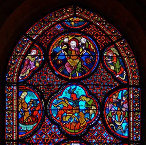 Fenster w23 zeigt das Gleichnis von Dives und Lazarus: der obere Abschnitt