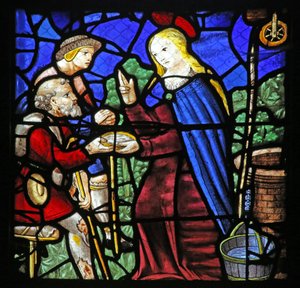 Fenster w24, das St. Genevieve, die einem Aussätzigen zu trinken gibt, darstellt von French School