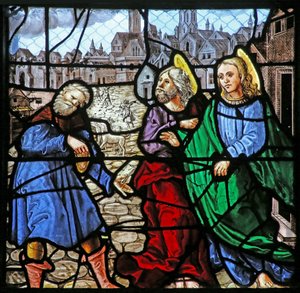 Fenster w24, das zwei Apostel, die einem Mann Geld geben (Almosen von St. Thomas?), darstellt von French School