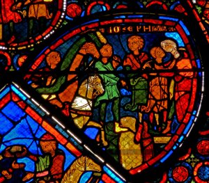 Fenster w24 zeigt eine Szene aus der Geschichte von Joseph: seine Brüder kommen an und Joseph umarmt Benjamin von French School