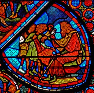 Fenster w24 zeigt eine Szene aus der Geschichte von Joseph: seine Brüder mit ihrem Vater Jakob von French School