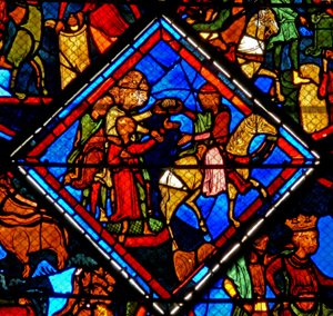 Fenster w24 zeigt eine Szene aus der Geschichte von Joseph: seine Brüder mit ihrem Vater Jakob von French School