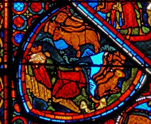 Fenster w24 zeigt eine Szene aus der Geschichte von Joseph: der Pharao träumt von den fetten und mageren Jahren von French School