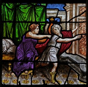 Fenster w25, das eine Szene aus der Geschichte von Joseph darstellt: mit der Frau des Potiphar