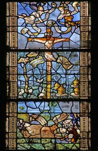 Fenster w26, das Christus am Kreuz, umgeben von von Vergil inspirierten ländlichen Szenen, darstellt. Fenster gestiftet von Thomas Mangin von French School