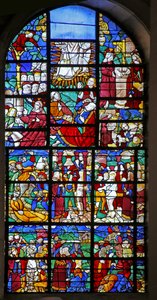 Fenster w27, Darstellung von Szenen aus dem Leben der Heiligen Barbara und der Passion und Verklärung