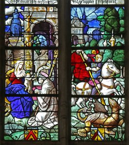 Fenster w2, ein Stifterbischof vor der Jungfrau und dem Kind; St. Georg