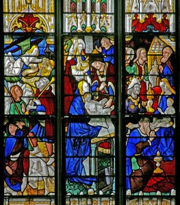 Fenster w2, das die Anbetung der Heiligen Drei Könige, die Verkündigung an die Hirten, die Beschneidung darstellt von French School