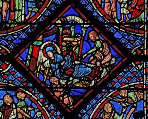 Fenster w2 zeigt die Geburt Christi von French School