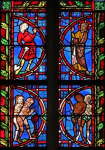 Fenster w30, Darstellung von Gott mit Adam, der einen Spaten trägt; Adam und Eva versuchen, ihre Nacktheit zu verbergen von French School
