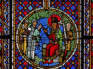 Fenster w3 mit dem Urteil Salomos: die zwei Mütter und das Kind vor Salomo von French School