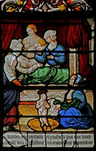 Fenster w3 mit der Geburt von St. Nikolaus von French School
