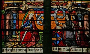 Fenster w4, Darstellung einer Stifterin - Catherine Boucheret mit Familie und St. Katharina