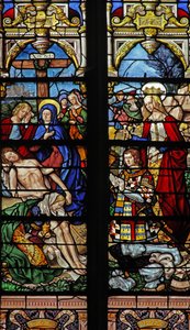 Fenster w4 mit der Kreuzabnahme und dem Stifter Francois de Montmorency und der heiligen Francoise von French School