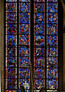 Fenster w51, Darstellung einer der Les Belles Verrieres mit Szenen aus dem Leben von St. Nikolaus, St. Katharina und St. Sever von French School