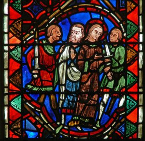 Fenster w51, Darstellung einer Szene aus dem Leben der St. Katharina: sie wird zu ihrem Martyrium geführt