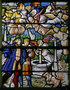 Fenster w5, Szenen aus dem Buch der Offenbarung des Johannes: Menschen werden verbrannt; Wasser wird zu Blut; Schalen werden geleert; Hagel fällt von French School
