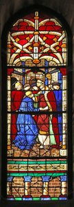 Fenster w7, das eine Szene aus dem Leben von St. Augustinus darstellt: er wird zum Professor in Mailand ernannt und besucht Ambrosius