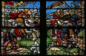 Fenster w8, Darstellung einer Schlachtszene mit Kaiser Konstantin, in der das Kreuz erschien und er triumphiert von French School