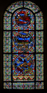 Fenster wXVII mit drei zusammengesetzten Tafeln: zwei im Zusammenhang mit Stephanus, die andere aus einer Geburtsszene von French School