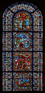 Fenster wXXI mit einem zusammengesetzten Fenster aus 4 Tafeln, drei im Zusammenhang mit St. Gervais und St. Protais von French School