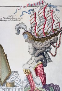 Frau in einem Tageskleid mit einer Frisur à la Belle Poule, Zeit der amerikanischen Unabhängigkeit, 1779-80