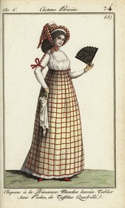 Frau mit Primerose-Hut Mode von 1798 (handkolorierte Kupferstichgravur) von French School
