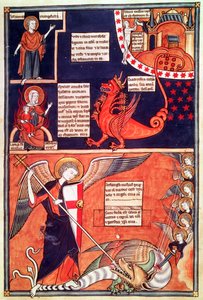 Die Frau der Apokalypse wird vom siebenköpfigen Drachen angegriffen und St. Michael tötet den Drachen, aus Liber Floridus von Lambert de Saint-Omer, ca. 1120 von French School