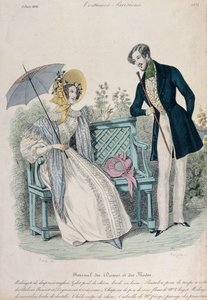 Frau mit Regenschirm und Mann im Gehrock in einem Garten, Modeplatte aus Journal des Dames et des Modes, 5. Juni 1836 von French School