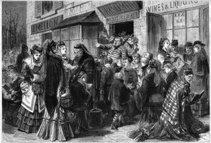 Frauen und Kinder singen Hymnen an der Tür von Likörflüssen aus Chicago in die Vereinigten Staaten von French School