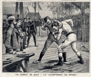 Weltmeisterschaft: Boxkampf zwischen Jim Corbett und Bob Fitzsimmons in Carson, Nevada, USA: In Le Petit Parisien am 11.04.1897. Private Sammlung von French School