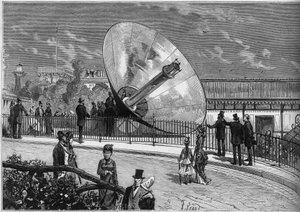 Weltausstellung 1878 in Paris: Sonnenofen erfunden von Augustin Mouchot (1823-1912). Gravur in „Le Monde Illustré“ Nr. 1125 vom 19. Oktober 1878.
