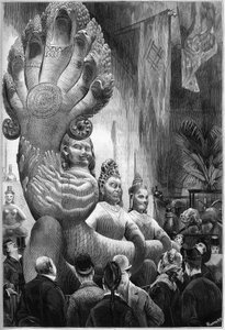 Weltausstellung 1878 in Paris: Statuen der kambodschanischen Riesen und des Polycephal-Schlange, berichtet von der Delaporte-Mission, ausgestellt in der Retrospektivgalerie des Trocadero. Gravur in „Le Monde Illustré“ Nr. 1127 vom 1. November 1878.