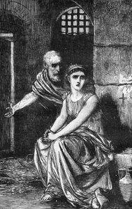 Junge christliche Jungfrau Theodora von Alexandria in einem Haus der Ausschweifung eingesperrt, weil sie sich weigerte, ihren Glauben aufzugeben. Gravur in „Die Geschichte der Prostitution und Ausschweifung bei allen Völkern der Welt von der Antike bis heu
