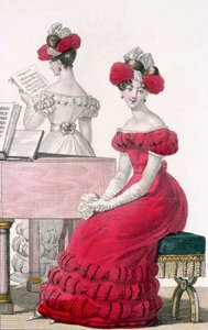 Junge Frau in einem Krepp-Abendkleid mit aufwendigem Kopfschmuck, Anzeige in Modes de Paris, ca. 1825 von French School