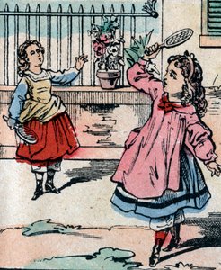 Junge Mädchen spielen Federball, frühes Spiel ähnlich wie Badminton - Epinal Bild - 19. Jahrhundert (Gravur) von French School