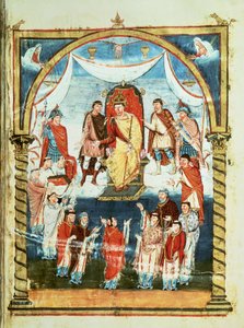 König Karl II. erhält eine Bibel von Graf Vivian und den Mönchen von Saint-Martin de Tours, aus der ersten Bibel von Karl dem Kahlen, ca. 843-51 von French School