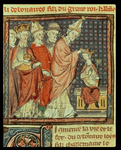 Die Krönung von Ludwig I. dem Frommen (778-840), Heiliger Römischer Kaiser, durch Papst Stephan IV. (Papst 816-817) in Reims im Jahr 816, aus den Grandes Chroniques de France, 1375-79 von French School