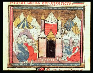 f.259r Die Belagerung von Château-Gaillard im Jahr 1204, als Philipp II. August von Frankreich (1165-1223) König Johann (Ohneland) von England (1199-1216) besiegte, aus den Grandes Chroniques de France, 1375-79